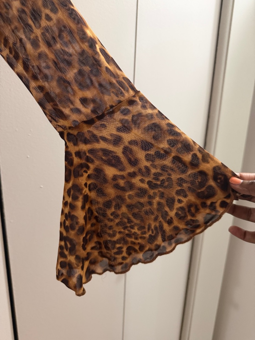 Brown Sheer Leopard Tie-Front Sheer Crop Top with Bell Sleeves - Picture 5 of 9